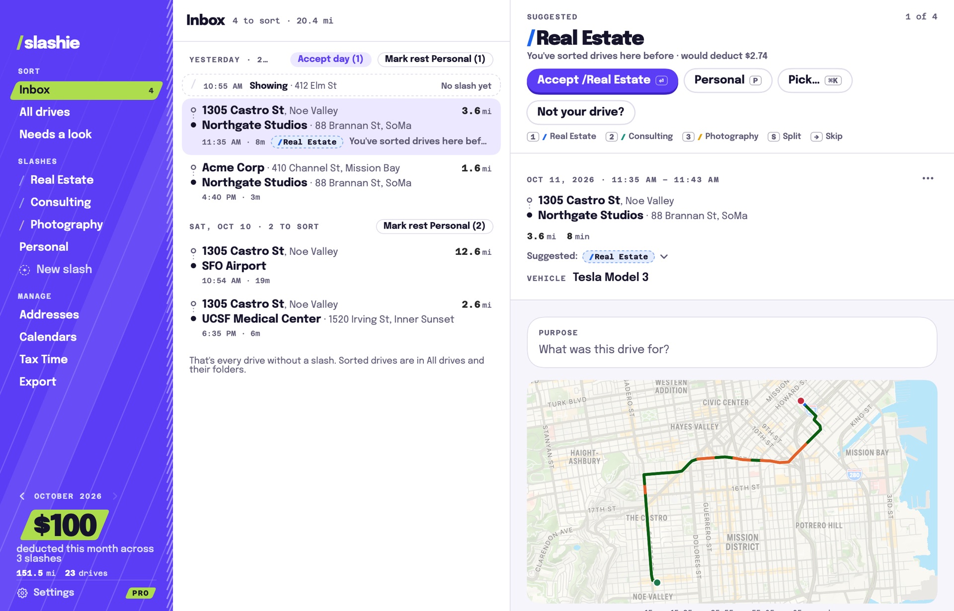 Slashie for Mac: the Inbox with four drives to sort by day, a calendar event between them, and the selected drive's card offering /Real Estate with Accept, Personal and Pick…, beside the drive's places, miles and map.